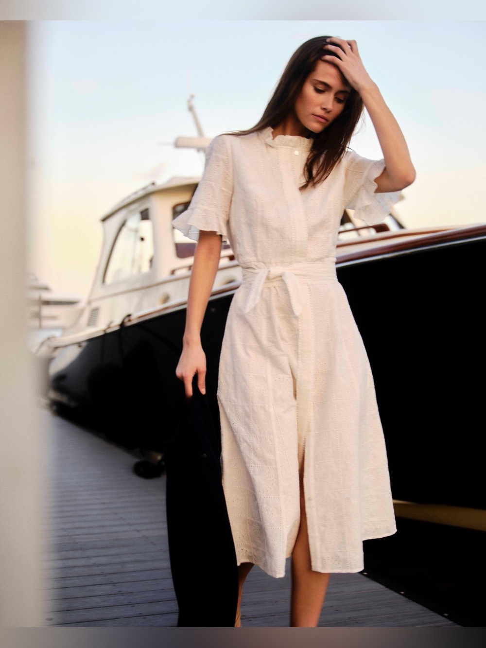 Cartolina Aria Shell Broderie Midi Shirt Dress in Soft White, Size XS